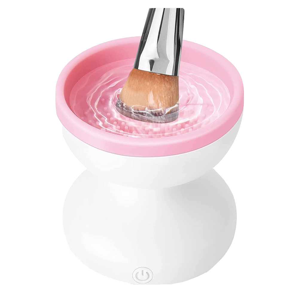 makeup brush cleaner, front side with brush submerged in water, white and pink